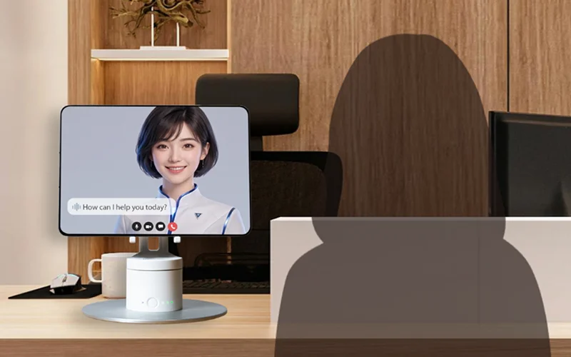 kubi 2.0 with an AI agent guiding visitors at a reception desk